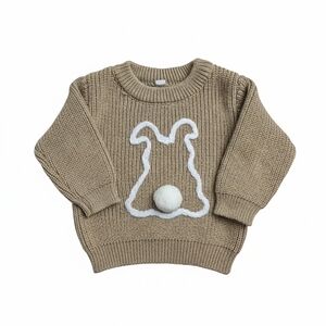 Bunny Pom Pom Chunky Knit Baby Sweater Neutral Tan 0-6M